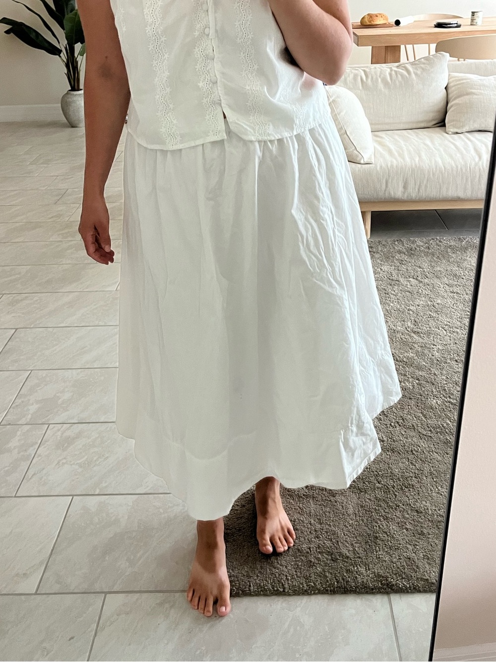 Cotton H&M White Midi A-Line Skirt with elastic band